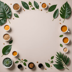 Natural Herbal Ingredients Flat Lay with Green Leaves, Tea Cups, Spices and Seeds on Neutral Background, Organic Wellness, Ayurveda, Eco Lifestyle, Sustainable Health Concept with Copy Space
