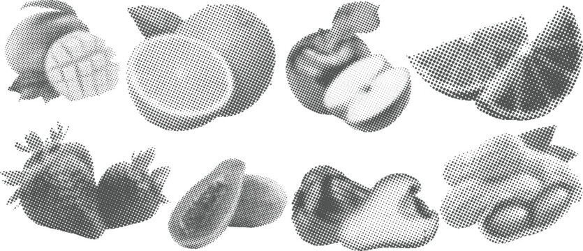 Halftone Vintage Collage of Exotic Fruits and Vegetables in Retro Pop Art Dot Pattern Style