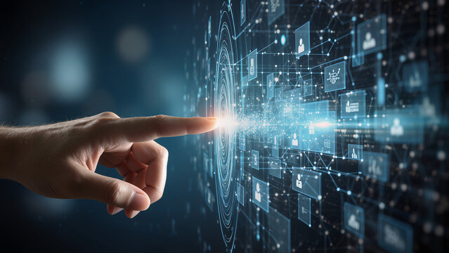 Human and AI collaboration concept, realistic human hand touching holographic digital interface, futuristic UI, soft lighting, technology innovation theme - Powered by Adobe