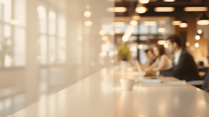 Modern Office Workspace with Business Team in Soft Focus, Professional Corporate Interior, Collaboration, Productivity and Startup Environment Background for Branding, HR, Consulting and Company