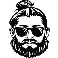 Obraz premium Bearded man wearing sunglasses poses with topknot hairstyle against a white background