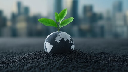 Green Plant Growing on Miniature Earth Globe with Urban Background