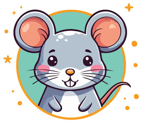 Obraz premium Cute cartoon mouse illustration with big ears and whiskers in a teal circle.