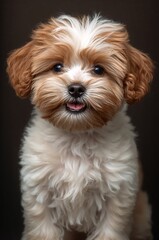 A charmingly playful white and brown maltipoo