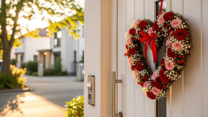 Valentine's Day hear shaped wreath on a white door on cozy town street background.	