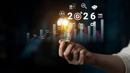 Bar graphs, charts, and number 2026 with AI and data analysis icons symbolizing future business innovation and analytics Parse