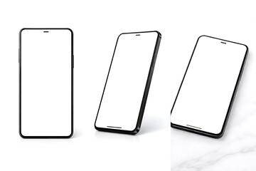 Three black smartphone mockups on a white marble surface for mobile app design presentation