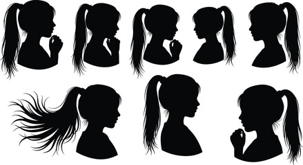 Female ponytail silhouette collection showing profile portraits, thinking poses, and flowing hair motion, minimalist black vector illustration set for design, branding, and stock use © Hello World