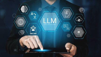 Business professional interacting with technology interface featuring large language model icons, digital brain, and AI elements for modern innovation Gluon.