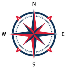 Compass Rose Illustration in Red and Blue with Directions for Navigation and Exploration