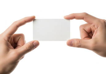 Hands holding a blank white business card isolated on transparent background