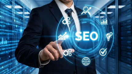 Man in Suit Touches Digital SEO Interface in Server Room, Futuristic Business Strategy Concept