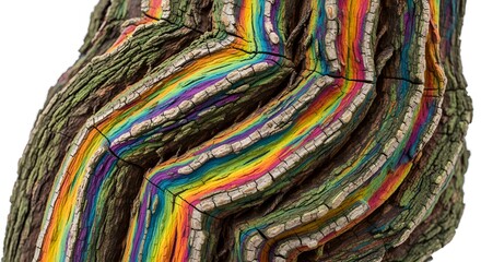 Fototapeta premium Tree Bark Cracks Embellished with a Kaleidoscope of Rainbow Hues, Showcasing an Artistic Intervention on Organic Wood Structure