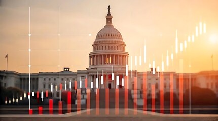 United States Capitol Building with Stock Market Graph Overlay at Sunset, Symbolizing Government Economy and Finance