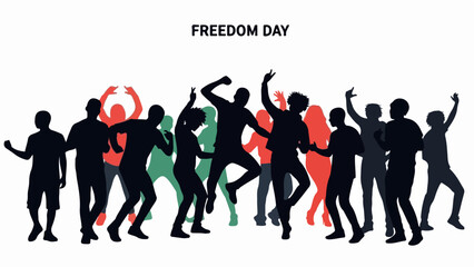 Freedom Day celebration with people silhouettes. Diverse crowd dancing and jumping in joy. Flat design vector illustration isolated on white background