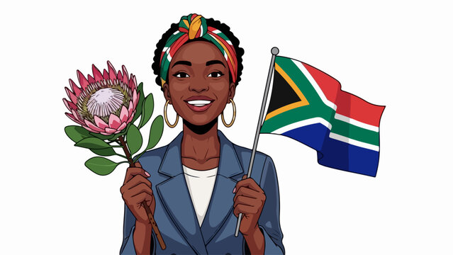 South African woman holding flag and King Protea flower. Heritage Day and national pride concept. Vector illustration isolated on white background