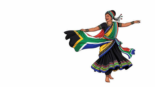 South African woman dancing in traditional dress with flag. Heritage Day celebration concept. Vector illustration isolated on white background