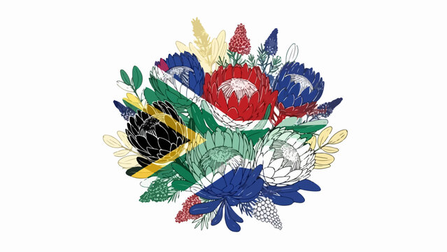 South African flag floral bouquet with protea flowers. Hand-drawn vector illustration for Heritage Day and Freedom Day. Patriotic botanical design isolated on white background