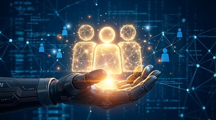 Robotic hand presenting glowing digital human figures connected by network, representing AI and teamwork concept