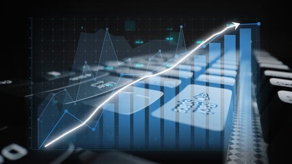 This image illustrates financial growth through a rising chart overlaid on a keyboard, symbolizing technology role in analytics and investment insights. Copula