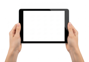 Hands holding a tablet computer isolated on transparent background