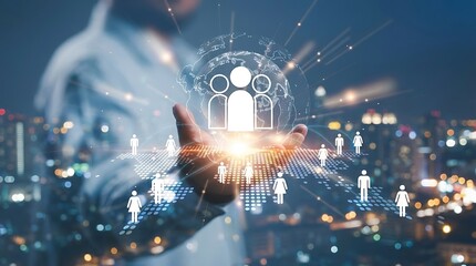 Blurred Hand Holding Digital Globe with People Icons, Global Network Connection Concept, Cityscape Background