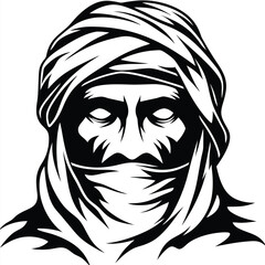 Intricate black and white design shows an imposing Bedouin with traditional face covering