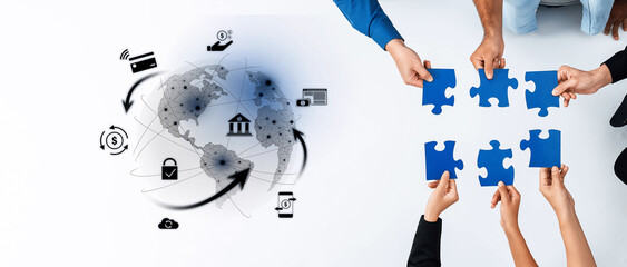 Visual representation of global connectivity and teamwork with puzzle pieces and financial elements, highlighting collaboration in business strategy and innovation. Trope