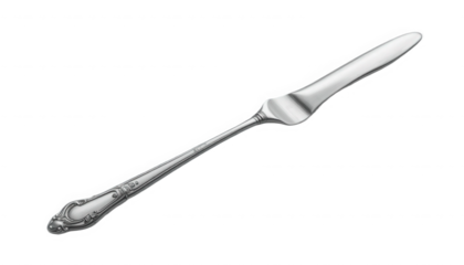 Detailed antique silver butter spreader knife featuring ornate handle details isolated against a dark canvas on transparent background