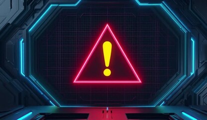 Digital red alert warning sign with exclamation mark in triangle futuristic cyber security background with tech grid and glowing neon lines, created with generative ai - Powered by Adobe