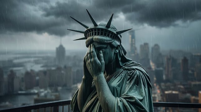 Statue of Liberty Crying in Rainy New York City with Dramatic Stormy Sky and Cityscape Background