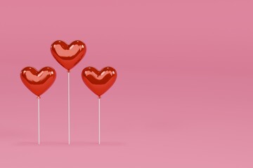 Minimal 3D render illustration of glossy red heart-shaped balloons on sticks standing on a soft pink background © HelgaLy