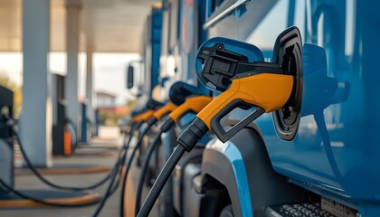 Fototapeta premium Electric trucks charging at a modern station, showcasing clean energy infrastructure, sustainable logistics, and zero-emission transport for commercial and urban mobility.