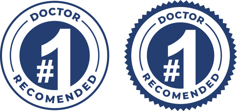 Two Blue and White 'Doctor #1 Recommended' Badges, one smooth and one serrated, isolated