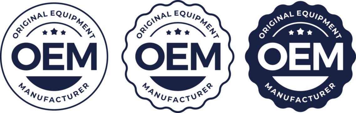 Vector Set of Dark Blue OEM Original Equipment Manufacturer Badges with Stars and Text