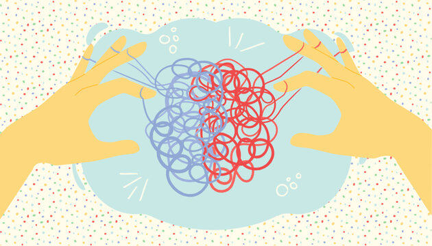 Two hands untangling a tangled brain. Psychologist's help. Mental and mental health. Symbol of confused thoughts and problems, as well as a psychologist helping to untangle the knot. Vector illustrati