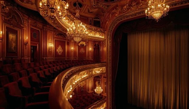 A grand vintage theater interior with red curtains, ornate gold decorations, and a magnificent chandelier, ready for a captivating performance and unforgettable show, created with generative ai
