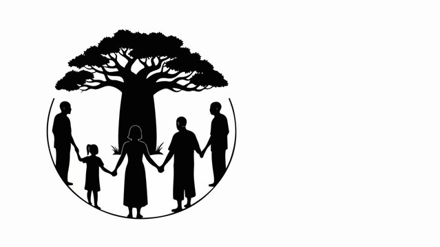 Family silhouette under a baobab tree. Multi-generational group holding hands. Unity and heritage concept. Minimalist flat design vector illustration isolated on white background