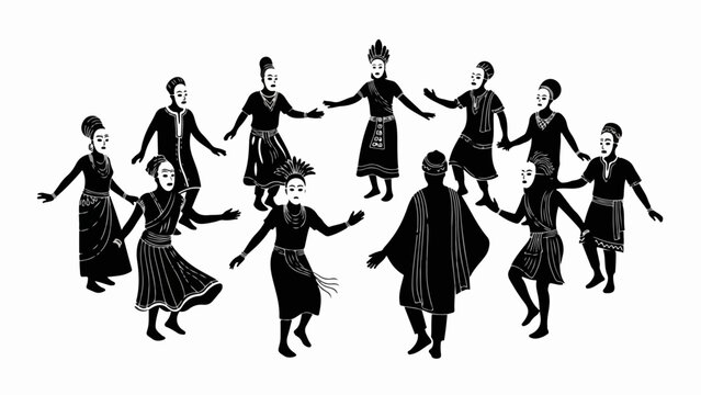 Tribal dance silhouette vector illustration. African culture and traditional ritual concept. Group of people in masks and ethnic costumes. Isolated graphic element