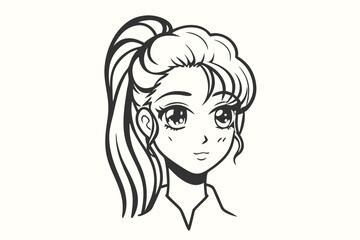 Manga girl with a ponytail stares straightforward with cute eyes and innocent expression