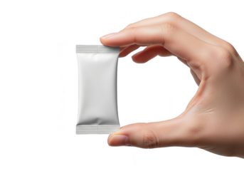 Hand holding a small white sachet isolated on transparent background