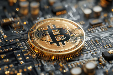 Shiny golden digital currency token resting on a detailed electronic circuit board symbolizing blockchain technology and digital financial systems integration