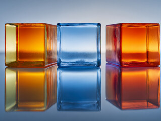 Three translucent glass cubes in vibrant orange and blue colors casting symmetrical reflections on a smooth surface with a soft gradient background