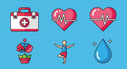 Wellness and health icons including first aid heart rate yoga flower and water drop on blue background