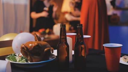 Friends enjoying a Halloween party at a bar making a toast