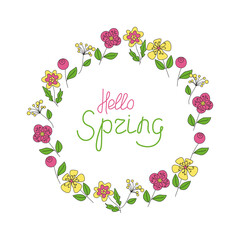 Abstract flowers. Round frame, banner with handwritten inscription. Hello Spring. Drawings, doodles. Isolated on a white background. For a colorful greeting card, invitation, multicolored flowers.