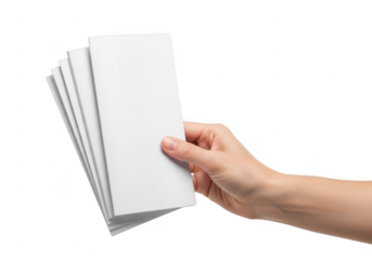 Hand holding a stack of blank brochures isolated on transparent background