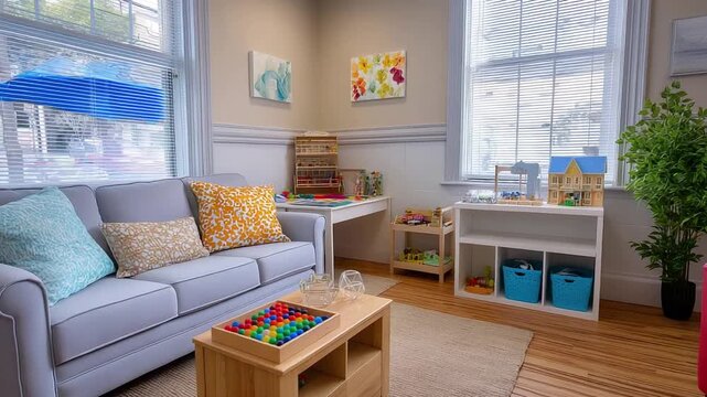 Child psychologist s playroom with toys art supplies dollhouse and play therapy materials Colorful child fri (3)