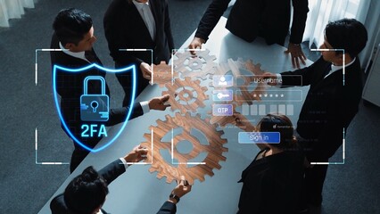 A dynamic business team engaged in a meeting focused on digital security, featuring a two-factor authentication interface with gears, symbolizing protection and collaboration. Raster