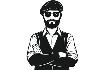 Stylish man wearing sunglasses and flat cap stands confidently with arms crossed